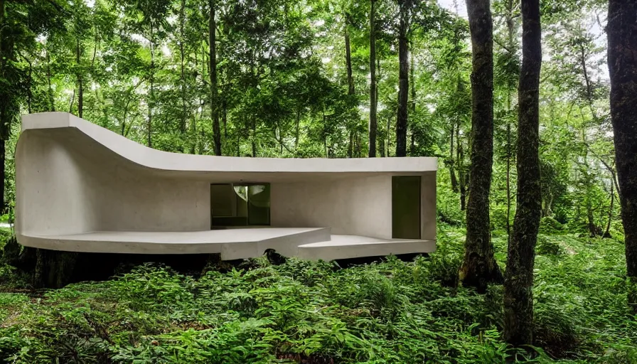 Image similar to A wide image of a full innovative contemporary 3D printed prefab sea ranch style cabin with rounded corners and angles, beveled edges, made of cement and concrete, organic architecture, in a lush green forest Designed by Gucci, Balenciaga, and Wes Anderson, golden hour