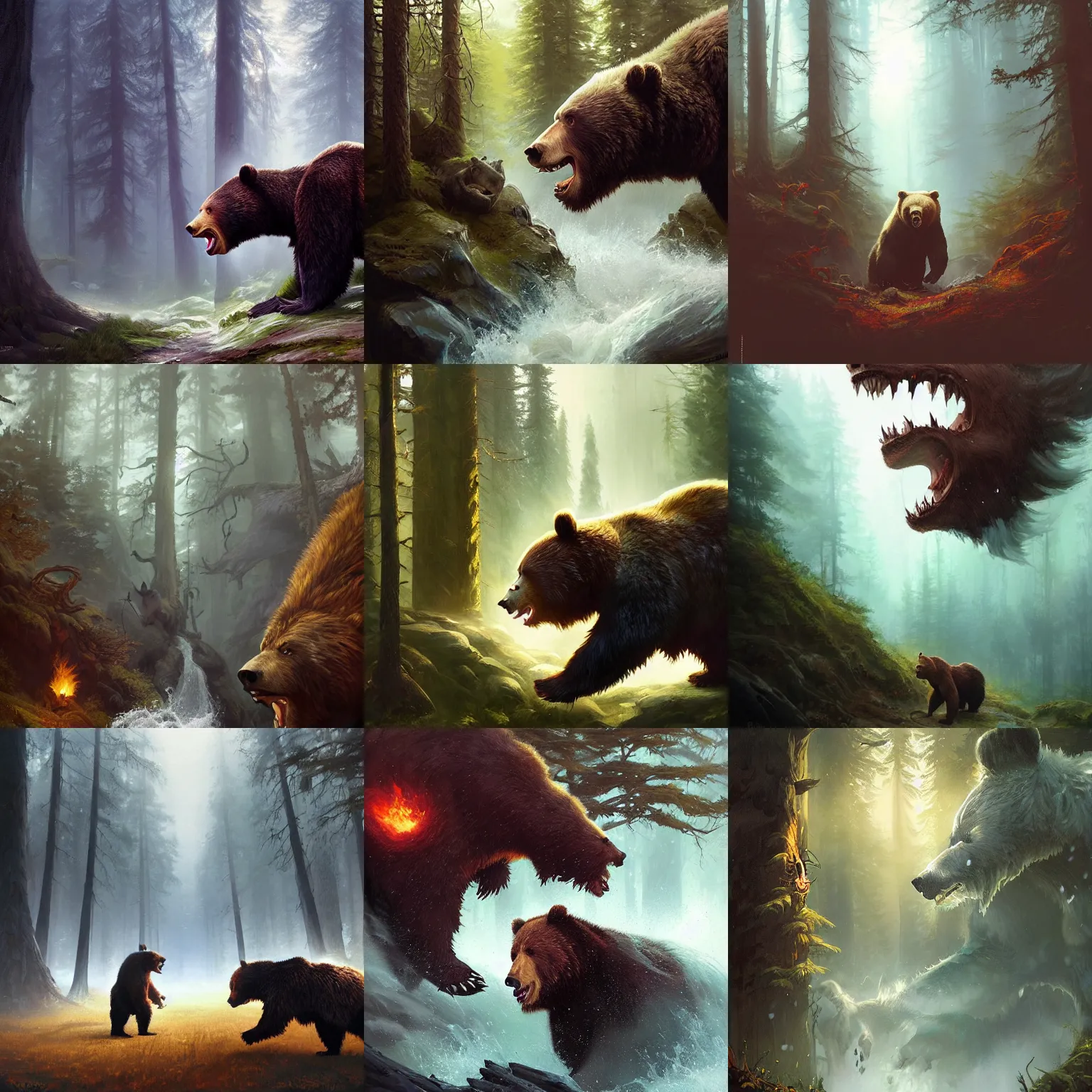 Prompt: fantasy painting of close charging bear, roaring, open mouth, teeth, dark forest in background, painted by greg rutkowski and andreas rocha
