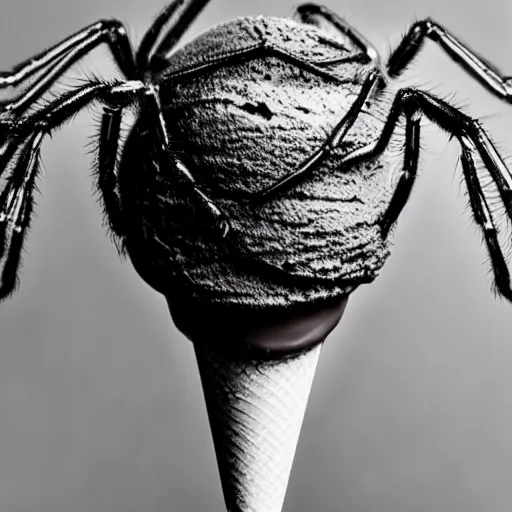 Prompt: detailed, textured photograph of a levitating chocolate ice cream cone with huge, hairy spider legs at th bottom. dramatic light.