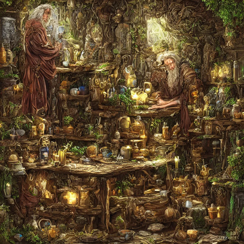 Image similar to ancient druid brewing in his mystic laboratory, highly detailed digital art