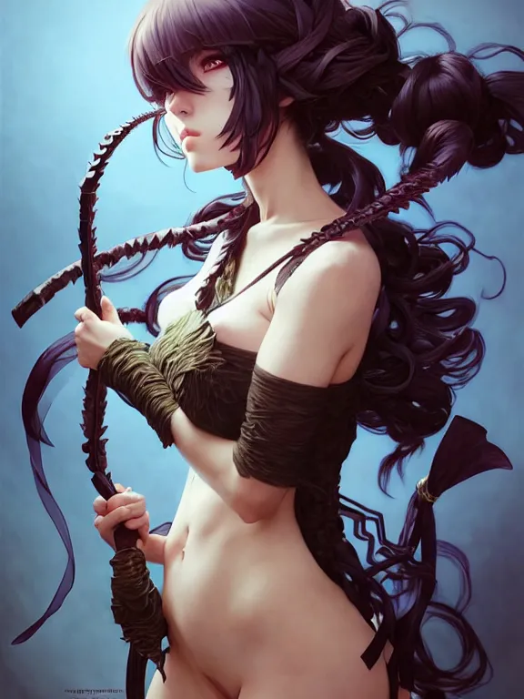 Image similar to full body picture of a monster huntress with big ribbons, bored, beautiful and aesthetic, intricate, unreal engine, messy hair, highly detailed, detailed face, smooth, sharp focus, chiaroscuro, manga illustration, artgerm, greg rutkowski, ilya kuvshinov, rossdraws, alphonse mucha, young adult light novel cover art