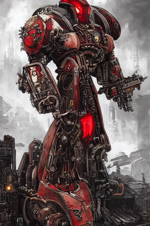 Prompt: portrait of adeptus mechanicus in red hood from Warhammer 40000. Highly detailed, artstation, illustration by Karl Kopinski and Adrian Smith and John Blanche