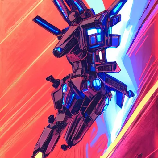 Prompt: arasaka mech, cyberpunk, art by christian ward, red and blue neon