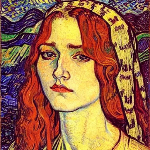 Prompt: detailed realistic beautiful young medieval queen face portrait by jean delville and vincent van gogh, art nouveau, symbolist, visionary, gothic, pre - raphaelite