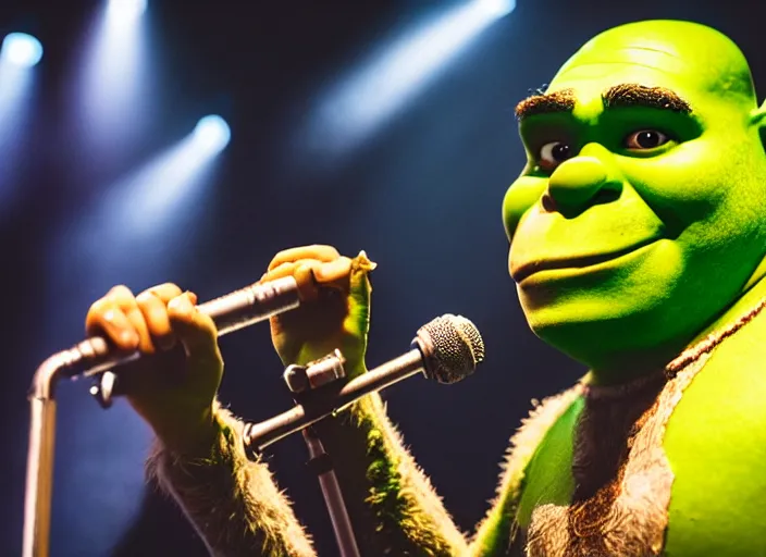 Image similar to photo still of shrek at the vans warped tour 2 0 1 8!!!!!!!! at age 3 6 years old 3 6 years of age!!!!!!!! getting lit in the pit, 8 k, 8 5 mm f 1. 8, studio lighting, rim light, right side key light