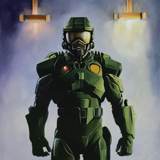 Image similar to ultra realistic portrait painting of zion williams as master chief, art by frank frazetta, 4 k, ultra realistic, highly detailed, epic lighting