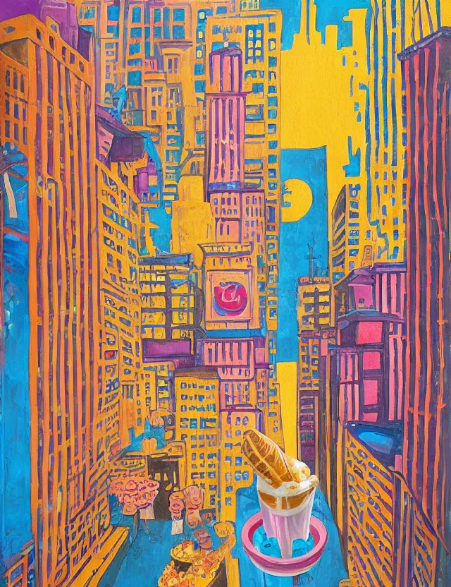 Prompt: ice cream spirit lost in a metropolis. this art noveau gouache and gold leaf painting has a beautiful composition.