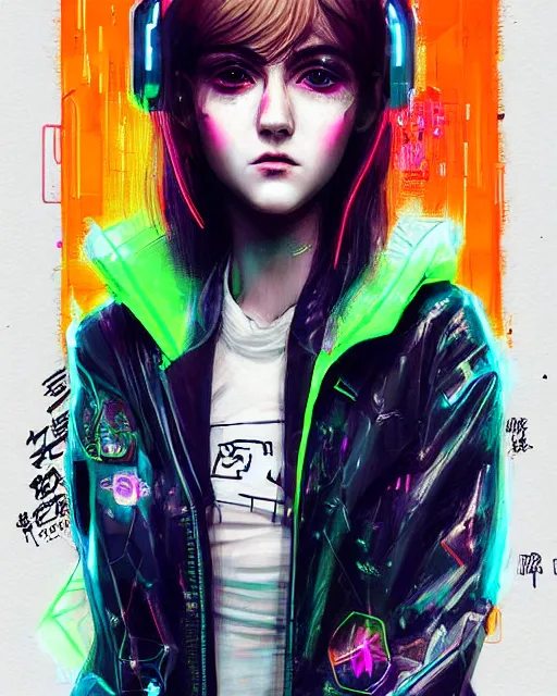 Image similar to detailed portrait katherine mcnamara neon operator girl, cyberpunk futuristic, neon, reflective puffy coat, decorated with traditional japanese by ismail inceoglu dragan bibin hans thoma greg rutkowski alexandros pyromallis nekro rene margitte, illustrated, perfect face, fine details, realistic shaded, fine - face, pretty face