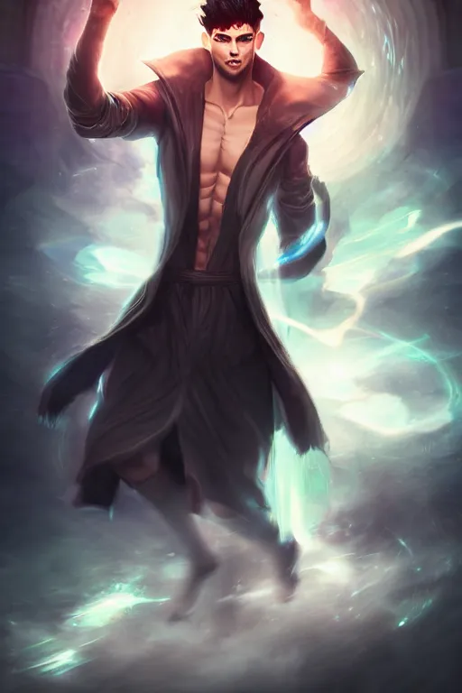 Prompt: a human elemental sorcerer, blurred environment background, epic magic effects, white skin, chest up, portrait, male, sharp focus, digital art, concept art, post processed, dynamic lighting, by emylie boivin and rossdraws