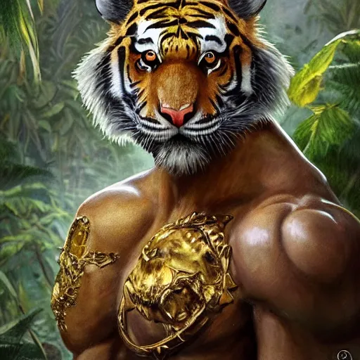 Image similar to a very high detailed tiger crossed with a muscular human body, wearing a very detailed golden kings crown, tattoo on shoulder, in a highly detailed jungle, full body, majestic, symmetric, Golden crown, crown on head, digital art, concept art, greg rutkowski, Nikolai Karelin, Hou China, trending artstation