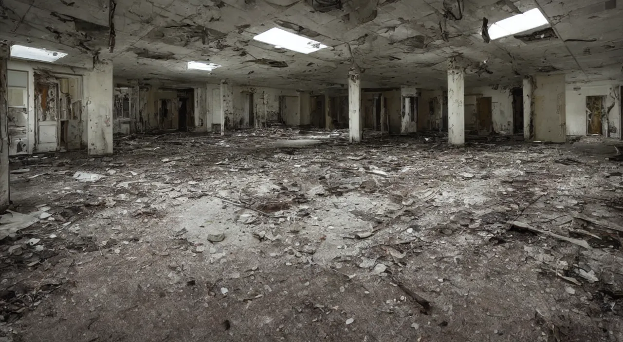 Image similar to photograph of the inside of a rotting abandoned hospital with a checkered floor, dark, no windows, horror | joe biden barely in view in the corner with a demonic grin on his face