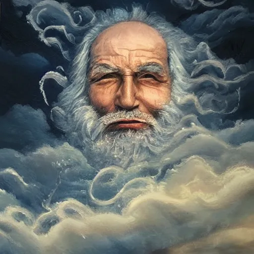 Prompt: The face of a wise but stern old man made out of swirling stormclouds in a stormy sky. beautiful, dreamy fantasy oil painting