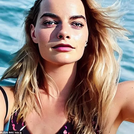 Image similar to a woman who is a genetic combination of margot robbie and emma watson face and upper - body focus