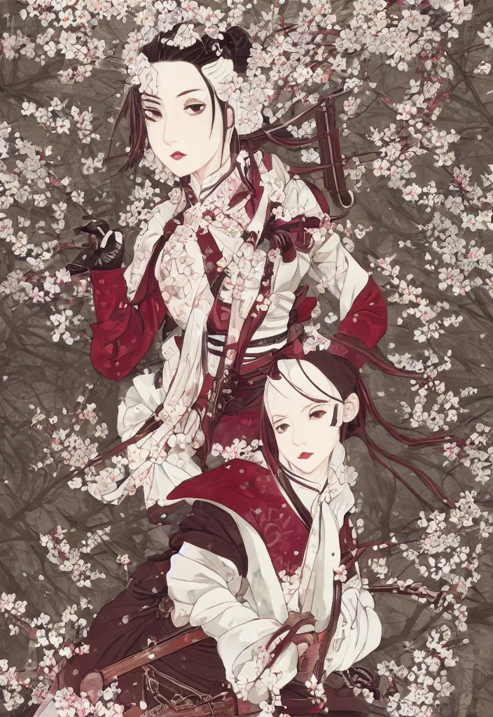 Image similar to portrait of steampunk girl samurai with swords combat pose in snow forest sakura cherry blossom swan hakama kimono trending on artstation takato yamamoto krenz cushart