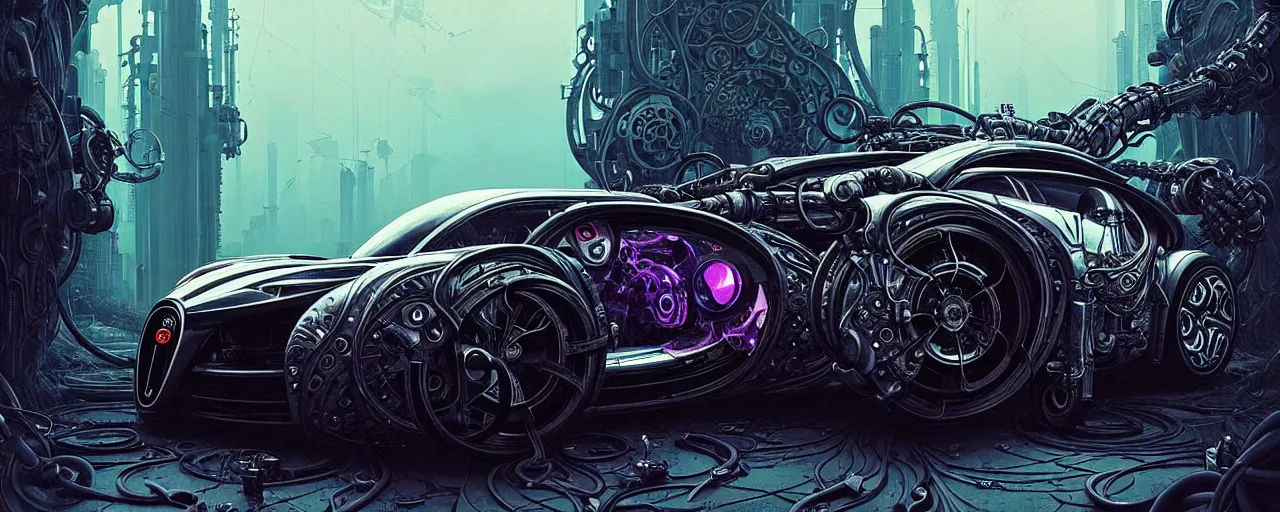 Image similar to shiny cyberpunk vehicle reminiscent of bugatti chiron with robotic enhancements parked in ancient mystic woods, gothic and baroque, brutalist architecture, ultradetailed, creepy ambiance, fog, artgerm, giger, Intricate by Ellen Jewett and Josan Gonzalez and Giuseppe Arcimboldo