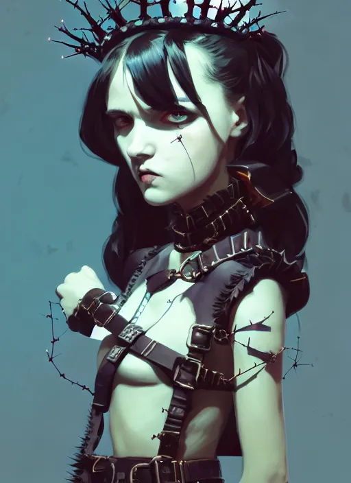 Image similar to portrait of cute goth maiden girl with crown of thorns and white short hairs, dressed in belts, warhammer, cyberpunk, by atey ghailan, by greg rutkowski, by greg tocchini, by james gilleard, by joe gb fenton, by kaethe butcher, dynamic lighting, gradient light blue, brown, blonde cream and white color in scheme, grunge aesthetic