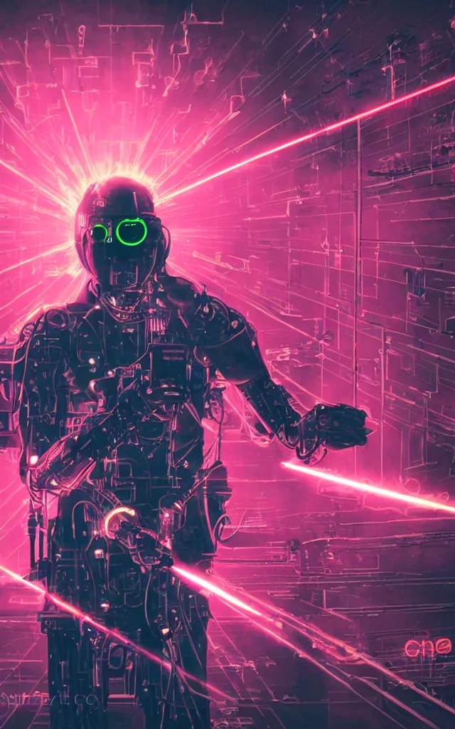 Prompt: Cybernetic Pope shooting bright lasers, 80s, science fiction, cyberpunk, neon, low angle shot, cross, pope, movie poster, futuristic