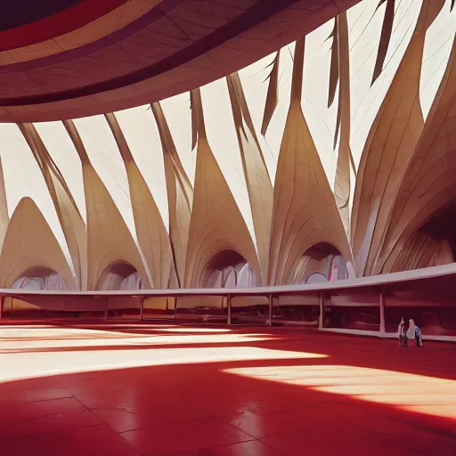 Image similar to interior of a futuristic lotus temple with gold, red and white marble panels, in the desert, by buckminster fuller and syd mead, intricate contemporary architecture, photo journalism, photography, cinematic, national geographic photoshoot