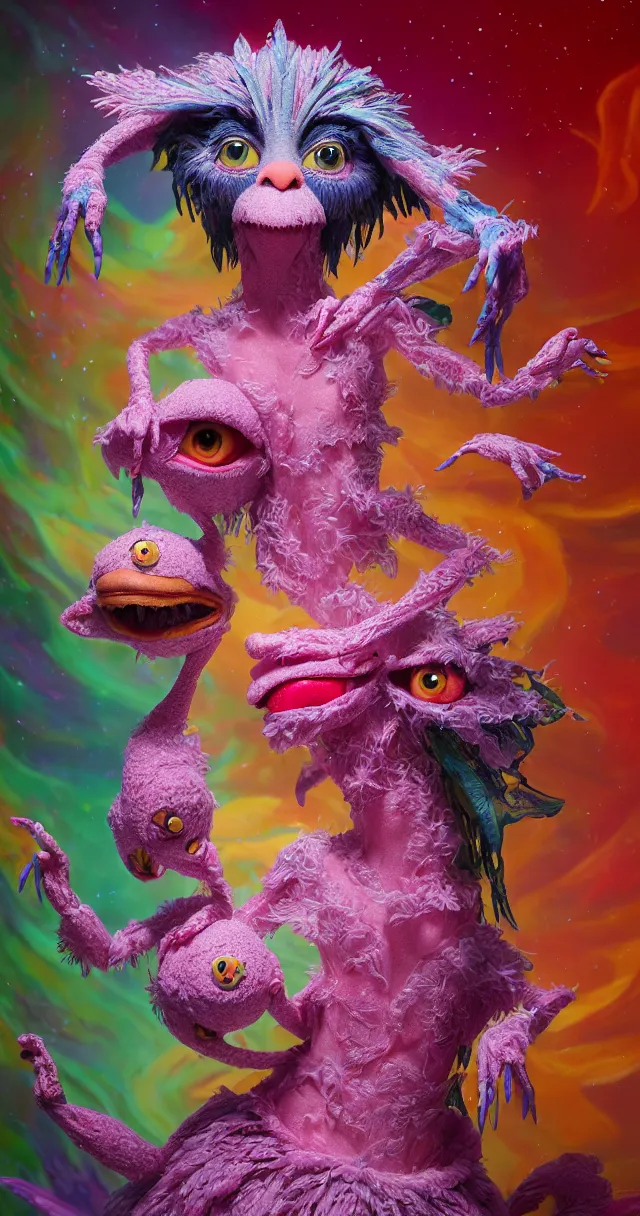 Image similar to hyper detailed 3d render like a Oil painting - kawaii portrait of two Aurora (a beautiful skeksis muppet fae princess protective playful from dark crystal that looks like Anya Taylor-Joy) seen red carpet photoshoot in UVIVF posing in scaly dress to Eat of the Strangling network of yellowcake aerochrome and milky Fruit and His delicate Hands hold of gossamer polyp blossoms bring iridescent fungal flowers whose spores black the foolish stars by Jacek Yerka, Ilya Kuvshinov, Mariusz Lewandowski, Houdini algorithmic generative render, Abstract brush strokes, Masterpiece, Edward Hopper and James Gilleard, Zdzislaw Beksinski, Mark Ryden, Wolfgang Lettl, hints of Yayoi Kasuma and Dr. Seuss, octane render, 8k