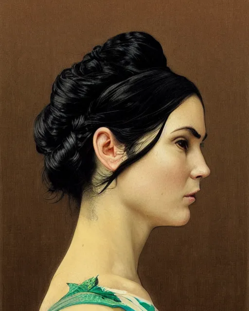 Prompt: portrait of a tall 4 0 - year - old woman with thin lips, long, lush black hair gathered on the head bun, and thick eyebrows, haughty facial expression, wearing in black clothes, aristocratic appearance, hyper realistic face, beautiful eyes, close up, fantasy art, in the style of greg rutkowski, intricate, alphonse mucha, hyper detailed, smooth