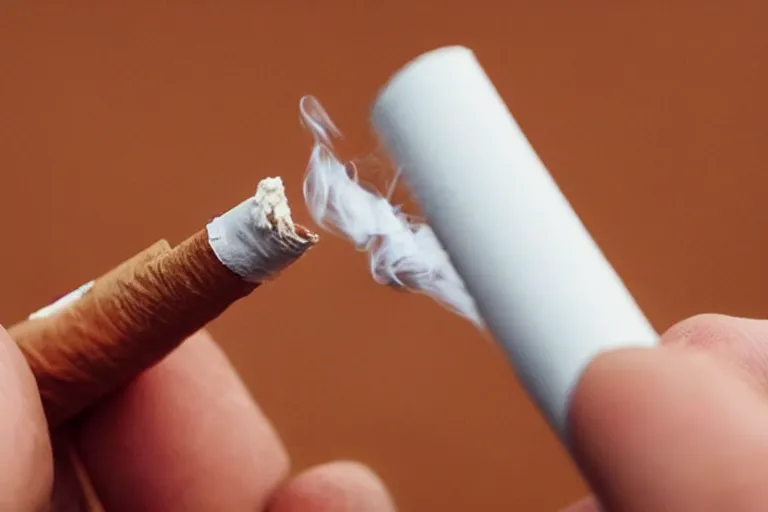 Prompt: Close-up of thin hand holding cigarette with smoke, hyper realistic, photo