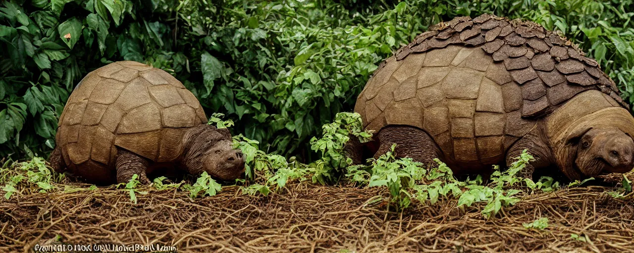 Prompt: a glyptodon eating from a spaghetti plant, pre - historic, in the style of carl warner, canon 5 0 mm, kodachrome,