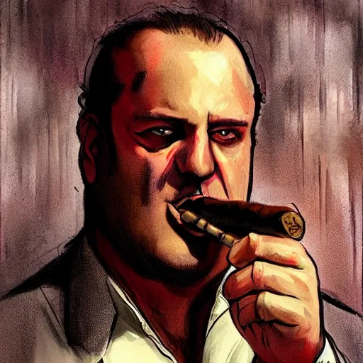 Prompt: chunky artist ethan van sciver as tony soprano, with a cigar, artstation, real photo