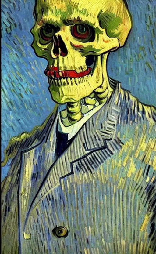 Prompt: detailed expressionist!! oil painting portrait of a skeleton in a suit!! by van gogh, 8 k resolution, smooth, sharp focus, matte painting, color scheme of white and grey