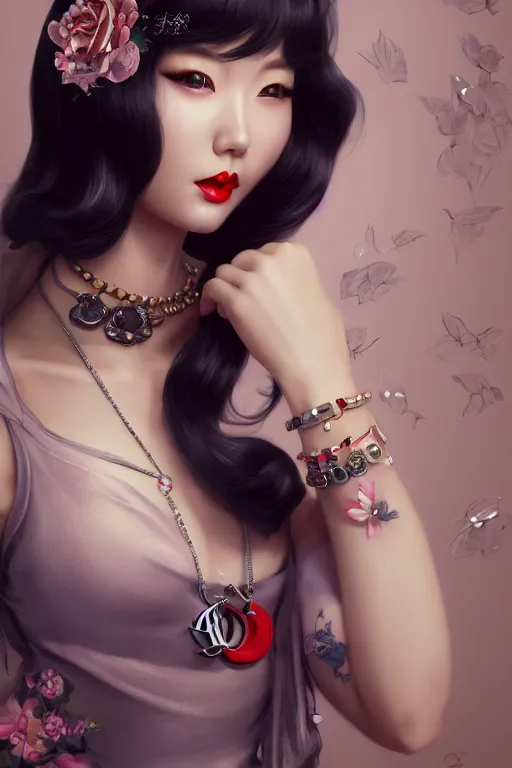 Image similar to a pin up and beautiful fashion and charming and dreamlke japan girl with jewelry, art by artgerm & jeehyung lee & wlop, hyperdetailed, 8 k realistic, lv, dior, symmetrical, frostbite 3 engine, cryengine, dof, trending on artstation, digital art, lv, dior