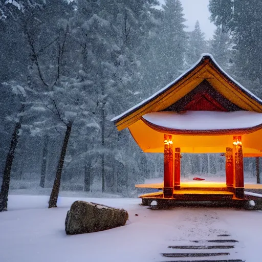 Image similar to a lonely shrine in a snowy forest at night, dim lighting from torches, 8 k award - winning photography