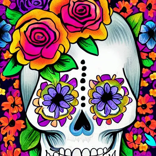 Image similar to a catrina skull covered in flowers, colorful illustration