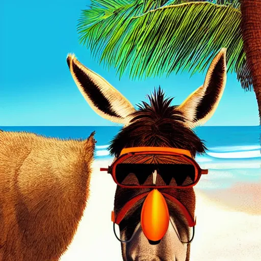 Prompt: A donkey wearing cool sunglasses at the beach, amazing detail, digital art, in the style of Heraldo Ortega