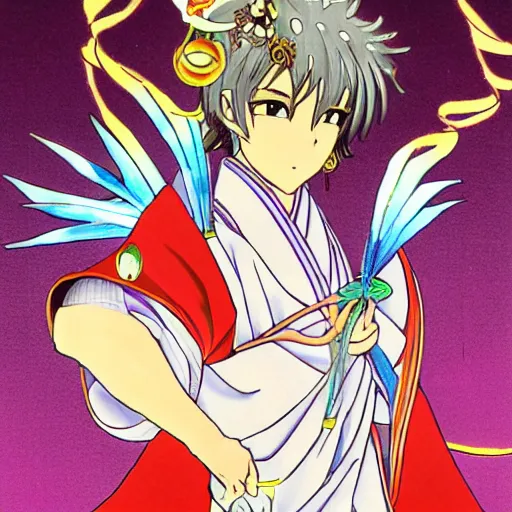 Image similar to a beautiful japanese male god sourrounded by borealis, sakura card captor style