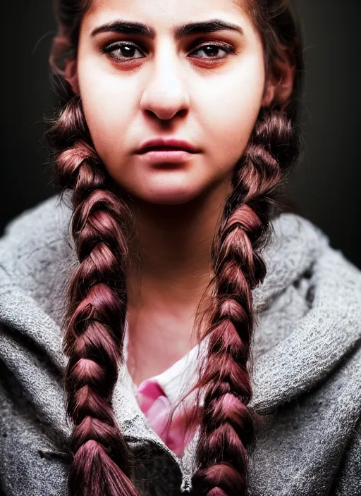 Prompt: A close-up photo of a Turkish 22 year old girl with hazel eyes and pink cheeks. Her hair is straight and tied into a ponytail. Shyly looking at the camera and slightly smiling. Detailed face features, hyper realism, studio, bokeh, shallow depth of filt, neutral background, telephoto lens, photography from Vogue magazine, by Lee Jeffries, Sigma 500mm f/5