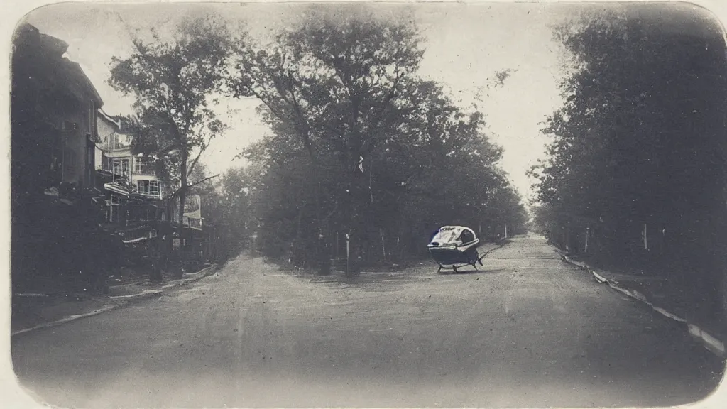 Prompt: daguerreotype sample photo of an ufo landing in a street