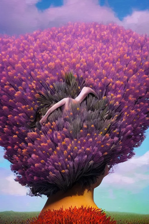 Prompt: closeup, grande flower head mohawk, woman in heather field, surreal photography, starlight, storm clouds, impressionist painting, digital painting, artstation, simon stalenhag