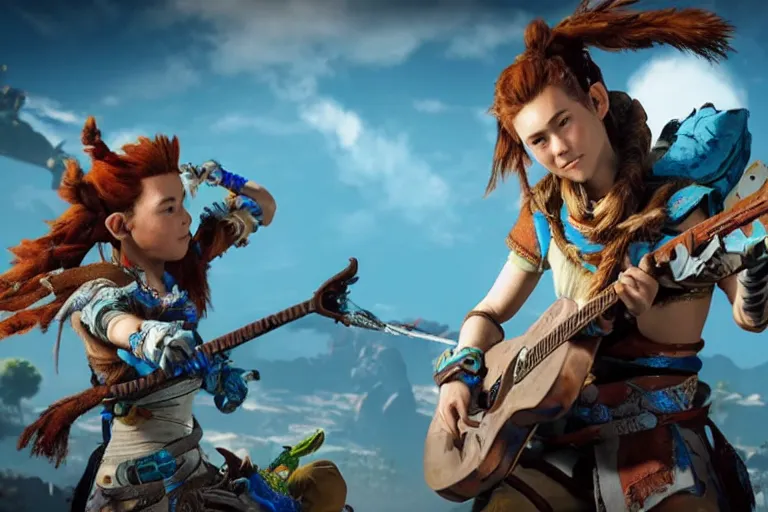 Prompt: aloy from the horizon zero dawn videogame playing the guitar with link from the legend of zelda videogame in the international space station