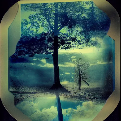 Image similar to polaroid of a surreal artsy dream scene, double exposure