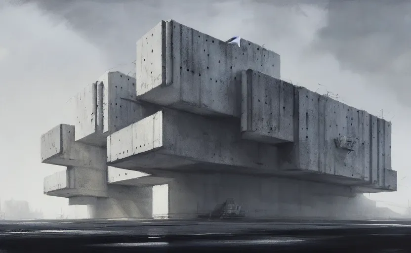Image similar to painting of exterior shot of a white concerete brutalist architecture designed by peter zumthor by darek zabrocki, greg ruthkowski, cinematic and cold atmospheric, archillect concept art, artstation, trending on artstation