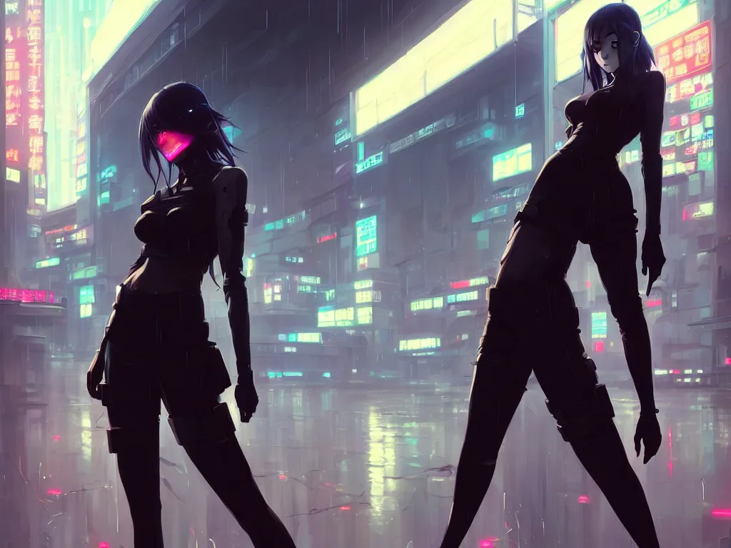 Prompt: Beautiful full body portrait of beautiful cyberpunk woman by Greg Rutkowski and Krenz Cushart and Pan_Ren_Wei and Hongkun_st and Bo Chen and Enze Fu and WLOP and Alex Chow, Madhouse Inc., anime style, crepuscular rays, set in rainy futuristic cyberpunk Tokyo street, dapped light, dark fantasy, feminine figure, smooth skin, gorgeous, pretty face, beautiful fashion model body, high detail, hyper realistic, cgsociety, trending on artstation