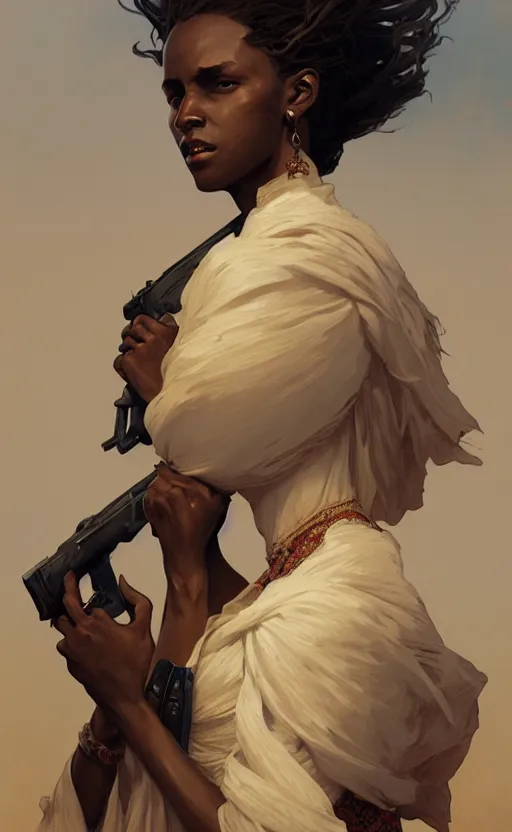 Image similar to a personification of the country somalia, highly detailed, digital painting, artstation, concept art, sharp focus, illustration, art by greg rutkowski and alphonse mucha