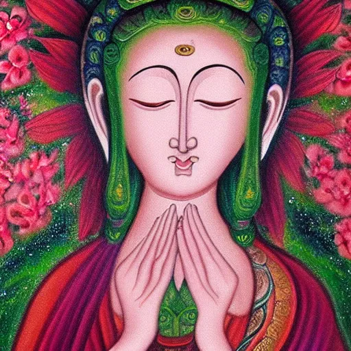 Prompt: beautiful eyes raining flowers bodhisattva, praying meditating, portrait painting