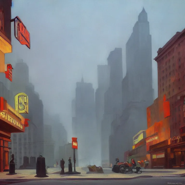 Image similar to streets filled with trash, city fog, early morning, , painted by Edward Hopper, painted by Wayne Barlow, airbrush