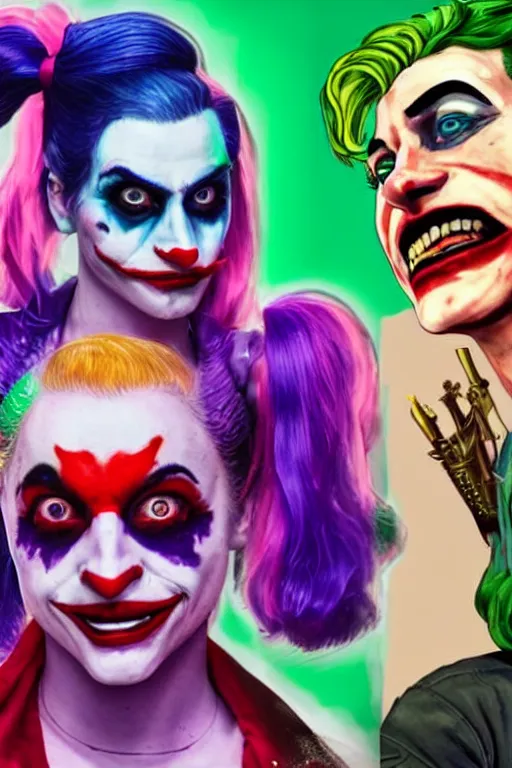 Image similar to joaquin phoenix as joker and lady gaga as harley quinn, remove duplicate content!!!!, violet polsangi pop art, gta chinatown wars art style, bioshock infinite art style, incrinate, realistic anatomy, hyperrealistic, green and purple color, white frame, content balance proportion