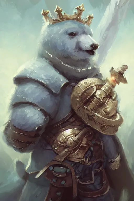 Prompt: cute little anthropomorphic bear knight wearing a cape and a crown, tiny, small, miniature bear, baby animal, short, pale blue armor, cute and adorable, pretty, beautiful, DnD character art portrait, matte fantasy painting, DeviantArt Artstation, by Jason Felix by Steve Argyle by Tyler Jacobson by Peter Mohrbacher, cinematic lighting