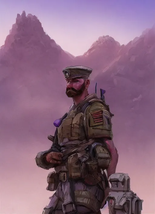 Image similar to purple scene lighting, detailed character portrait!!! concept art, strong muscular white male, soldier with beard, short hair, in a soldier uniform, desert with city in the background, sharp focus, illustration, highly detailed, digital painting, concept art, matte, art by wlop and artgerm and greg rutkowski, masterpiece