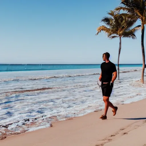 Prompt: a man walking in a sunny day in the beach with black shorts, realistic