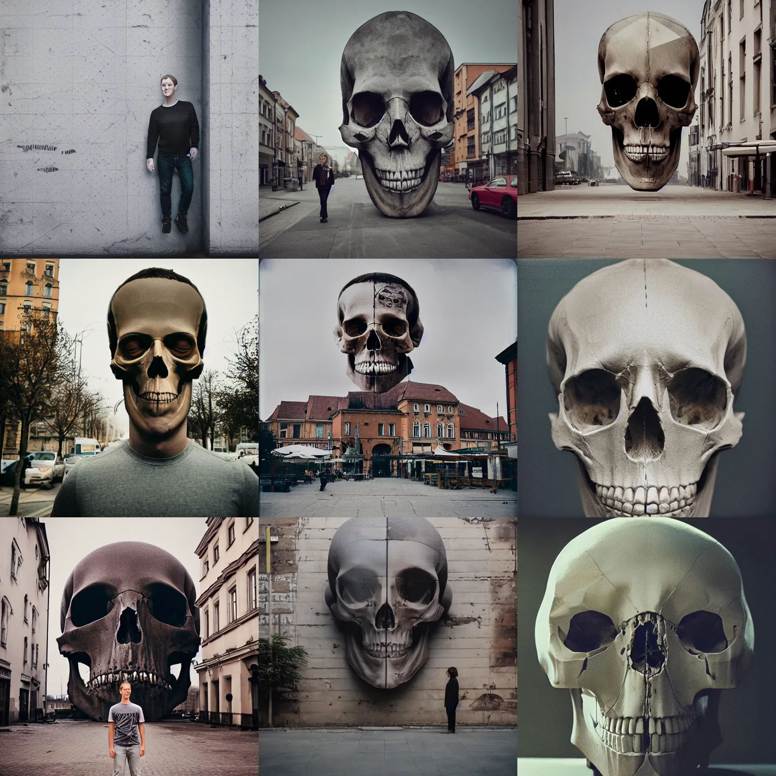 Prompt: legnica. medium shot. giant cyborg cybernetic skull mark zuckerberg, in legnica, full body, cinematic focus, polaroid photo, vintage, neutral dull colors, soft lights, by oleg oprisco, by thomas peschak, by discovery channel, by victor enrich, by gregory crewdson