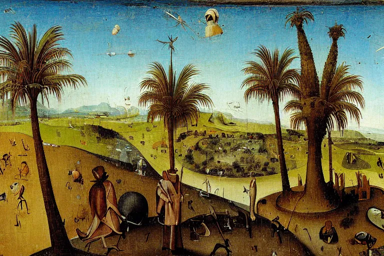 Image similar to southern california landscape palm trees freeway painted by hieronymus bosch