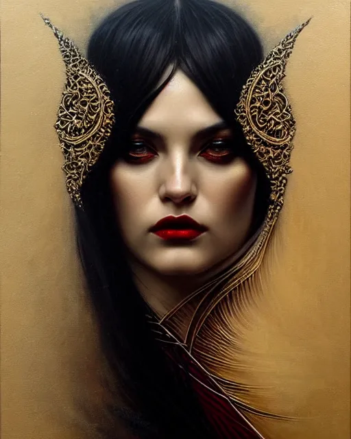 Image similar to portrait of a beautiful goddess, enigmatic beauty, dominant shades of black, gold, silver, dark red, white, head in focus, fantasy art, ornamental aesthetics, intricate, elegant, highly detailed, hyperrealistic painting, artstation, concept art, painterly, sharp focus, illustration, art by karol bak